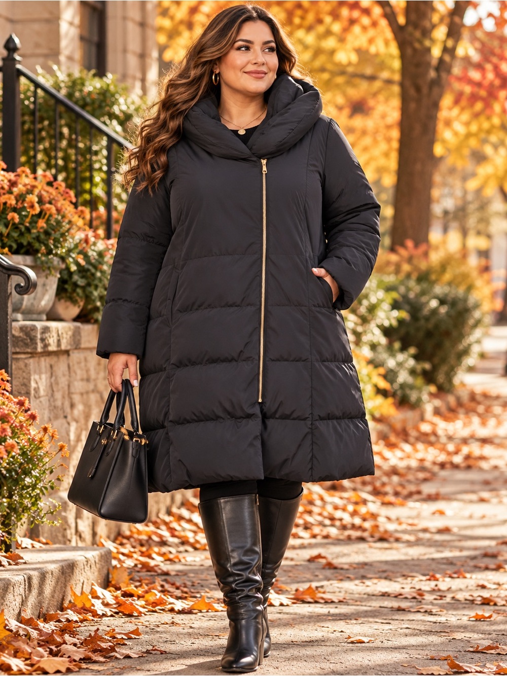 Cole Haan Plus Size 1X Down Puffer Coat Hooded Longline Black Gold Zip